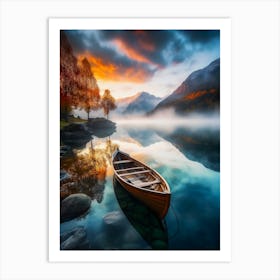 Boat On The Lake At Sunrise Art Print