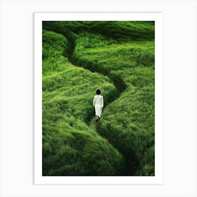 Man Walking Through A Green Field Art Print