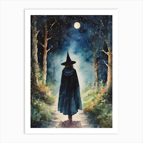 A Witch and the Full Moon - Watercolor Witchy Art for Witchcraft Feature Wall - Wicca Pagan Fairytale Goth Dark Aesthetic Lunar Goddess Magick Walking Through the Woods at Night HD Art Print