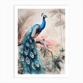 Watercolour Peacock With Tropical Leaves 2 Art Print