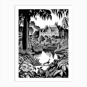 Nymphenburg Palace Gardens, 1, Germany Linocut Black And White Vintage Art Print