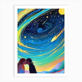 Stargazing Couple Kissing Art Print