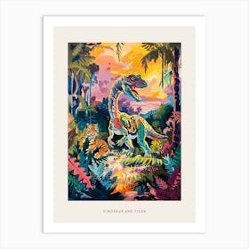 Colourful Tiger & Dinosaur In The Jungle Painting Poster Art Print