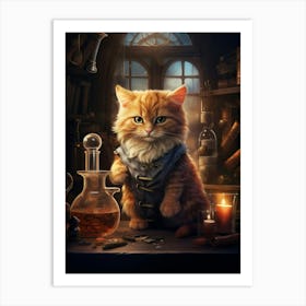 Cat As A Medieval Alchemist With Potions 3 Art Print