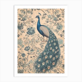 Blue & Sepia Peacock Wallpaper Inspired Art Print