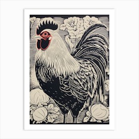 B&W Bird Linocut Chicken 7 Art Print