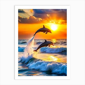 Dolphins Jumping At Sunset 1 Art Print