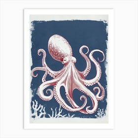 Octopus Swimming Around With Tentacles Red Navy Linocut Inspired 4 Art Print