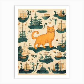 Medieval Style Cat & Ships Art Print
