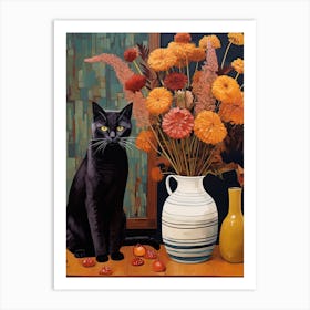 Queen Annes Lace Flower Vase And A Cat, A Painting In The Style Of Matisse 3 Art Print