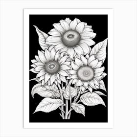 Sunflowers In Black And White Line Art 2 Art Print