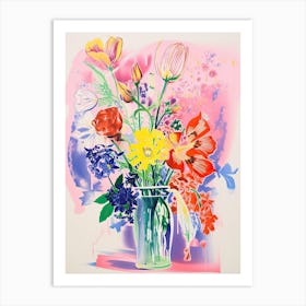 Colourful Bouquet Of Flowers In Risograph Style 1 Art Print