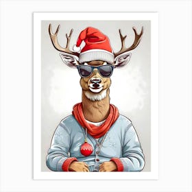 Deer Christmas Hat Art Print