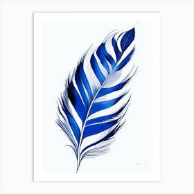 Feather Symbol Blue And White Line Drawing Art Print