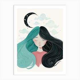 Girl With Long Hair And Moon Art Print