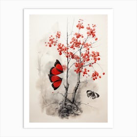 Butterfly, Japanese Brush Painting, Ukiyo E, Minimal 1 Art Print