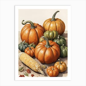 Holiday Illustration With Pumpkins, Corn, And Vegetables (12) Art Print