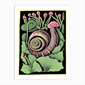 Garden Snail Feeding On Plants Linocut Art Print