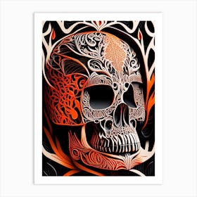 Skull With Intricate Linework 3 Orange Linocut Art Print