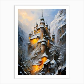 Castle In The Snow, winter, castle,a breathtaking landscape scenery,multilayer view,enchanted stunning visually,dark influenza,ink v3,oil on linen ,oil on canvas,hyperrealism, artistic masterwork,perfect painting,soft color,inspired by wadim kashin, Art Print