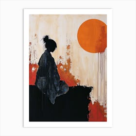 Asian Woman and Red Sun, Chinese Classic Art Print