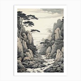 Tojinbo Cliffs In Fukui, Ukiyo E Black And White Line Art Drawing 2 Art Print