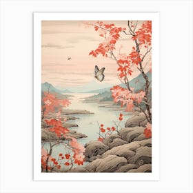 Japanese Blossom & A Butterfly By The River Art Print