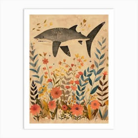 Muted Pastel Cute Shark With Flowers Illustration 2 Art Print