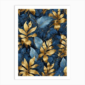 Blue And Gold Tropical Leaves Art Print 2 Art Print