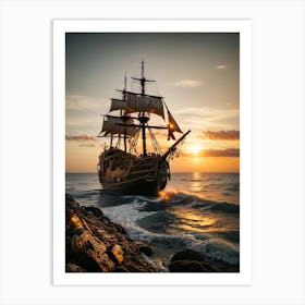 Pirate Ship At Sunset Art Print