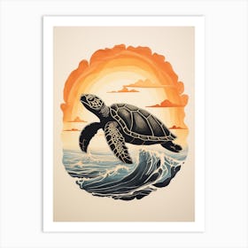 Linocut Illustration Style Of Sea Turtle And Sunset Black & Orange 3 Art Print
