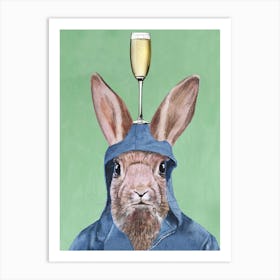 Rabbit With Champagne Glass Green & Brown Art Print