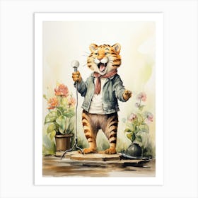 Tiger Illustration Performing Stand Up Comedy Watercolour 2 Art Print