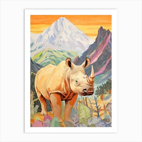 Colourful Patchwork Rhino With Mountain In The Background 3 Art Print