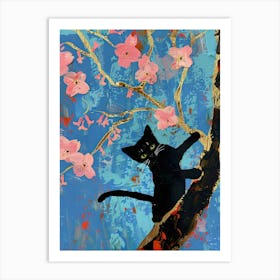 Cat Print Coral Cherry Tree Blossom Still Life Funny Art Print