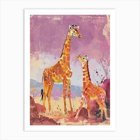 Mother Giraffe & Calf Lilac Portrait Art Print
