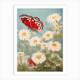Butterflies In The Daisies Japanese Style Painting 2 Art Print