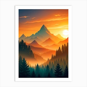 Sunset Landscape With Mountains And Trees Art Print