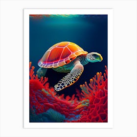 A Single Sea Turtle In Coral Reef, Sea Turtle Primary Colours 1 Art Print