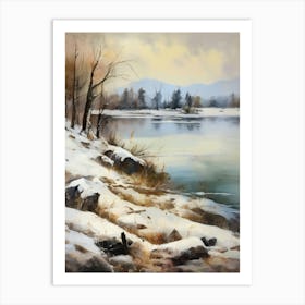 Ancient landscapes, old winter oil paintings and rocks around the lake bank. Snow is falling on the lake, old colors.4 2 Art Print