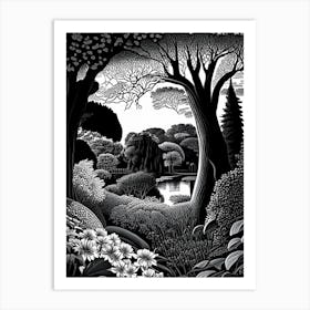 Stourhead Gardens, United Kingdom Linocut Black And White Vintage Art Print