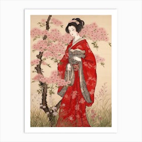 Nadeshiko Dianthus Vintage Japanese Botanical And Geisha Art Print