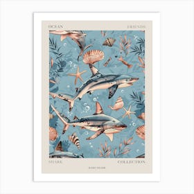 Pastel Blue Mako Shark Watercolour Seascape Pattern 1 Poster Art Print