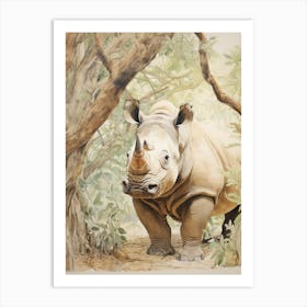 Rhino Under The Tree Vintage Illustration 2 Art Print