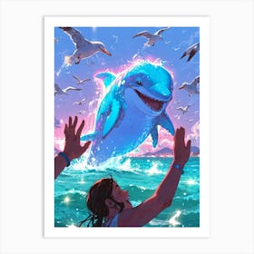 Dolphins And Seagulls Art Print