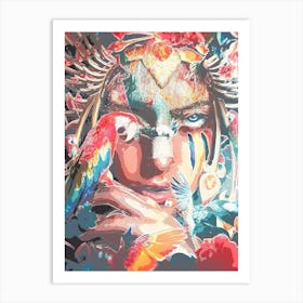 Girl With Parrots Art Print