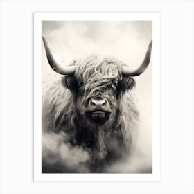Black & White Illustration Of Highland Cow In The Clouds Art Print