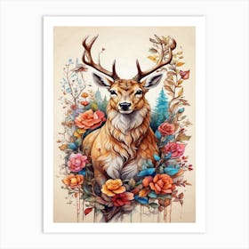 Deer With Roses Art Print