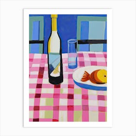 Painting Of A Table With Food And Wine, French Riviera View, Checkered Cloth, Matisse Style 0 Art Print