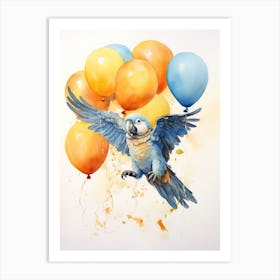 Parrot Flying With Autumn Fall Pumpkins And Balloons Watercolour Nursery 1 Art Print
